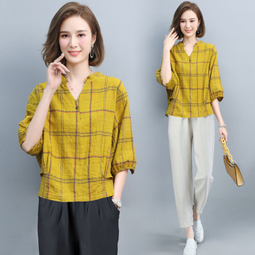 棉麻短袖t恤女夏季薄款2024新款格子衬衣中年妈妈宽松亚麻V领小衫，女装套装/套裙，璐依舞