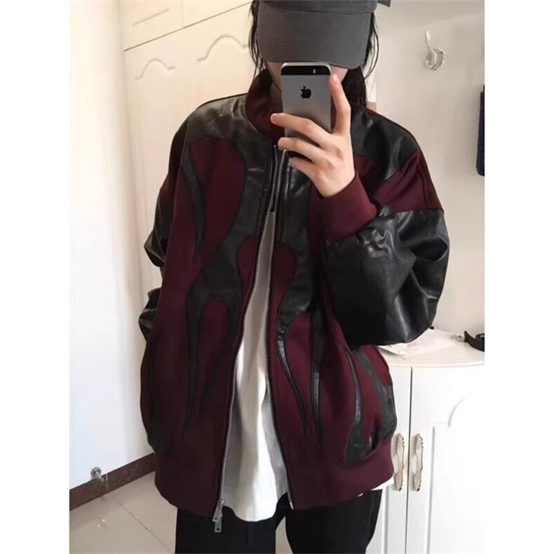酒红色美式高街飞行员夹克外套高级感痞帅拼接棒球服 JKJ31 特P73图片