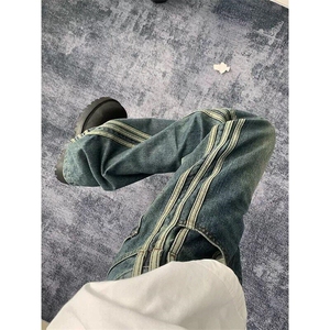 有货 三条杠复古牛仔裤hiphop炸街裤子男休闲直筒裤潮LN7277-P44图片