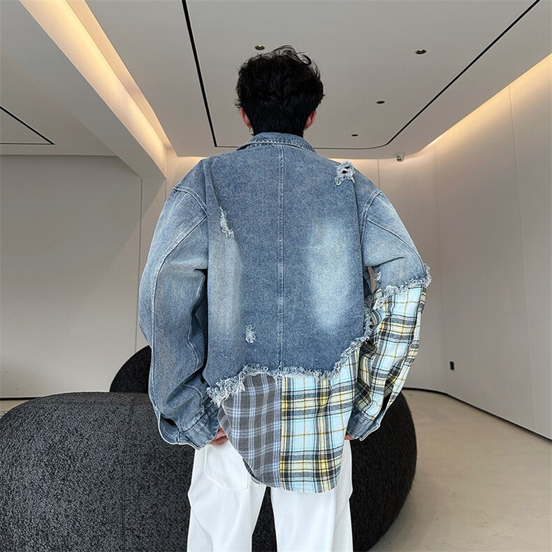 格子拼接破洞牛仔外套春秋季新款设计感休闲夹克上衣,男装工装外套,星座410-6（原星座1304-1）