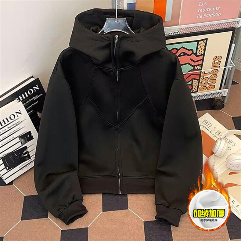 480G重磅加绒硬挺boxy男女秋冬美式高街结构高领卫衣开衫厚外套，女装短外套，电商A486-1