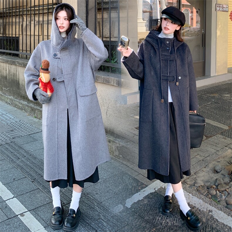 现货2025秋冬双面羊毛呢连帽正反两穿休闲毛呢风衣外套，女装毛呢外套，丝露依尚（原SL）