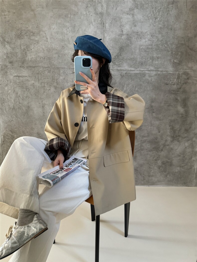 春日来信撞色复古高级新款小个子莱赛尔风衣外套女,女装双面呢大衣,泰合衣坊