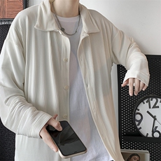 港风褶皱纯色宽松长袖衬衫情侣薄款衬衣学生外套i潮流H208/P55，男装衬衫，钱塘713