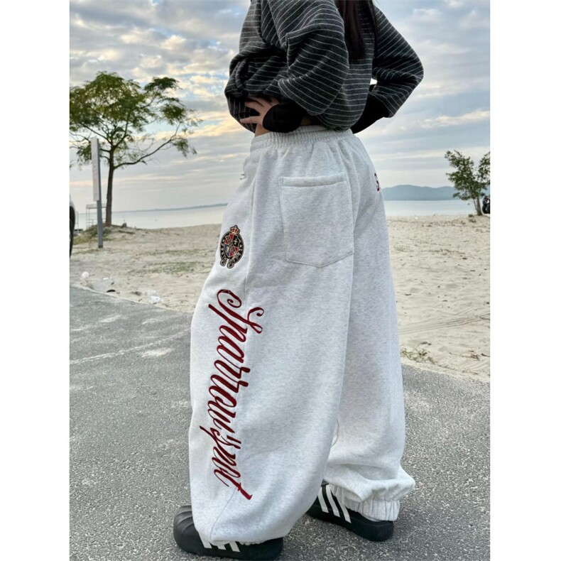 情侣装复古侧边字母刺绣休闲卫裤男女宽松直筒阔腿长裤CZ66,男装休闲裤,星座516A