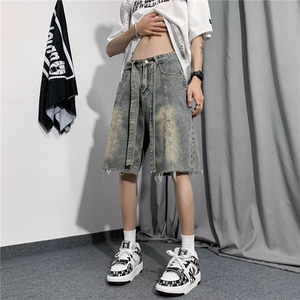 牛仔短裤男毛边夏季潮流美式复古水洗做旧直筒宽松休闲男生五分图片
