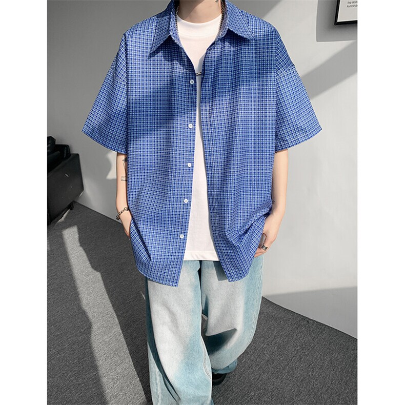 8XL-M短袖衬衫男夏宽松慵懒风痞帅条纹格子衫半袖外套DC28005P40,男装衬衫,电商B312