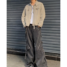 水洗灰色立领牛仔外套男女秋复古潮牌拉链短款外套美式情侣夹克，男装工装外套，星座601-1