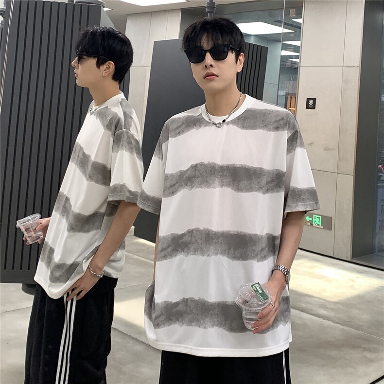 扎染条纹短袖T恤男夏季美式复古宽松圆领休闲情侣上衣T702-P28，男装T恤，电商C307A
