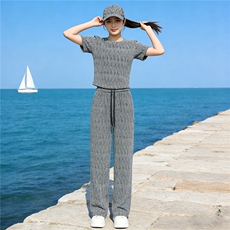 潮流时尚气质套装女夏季新款欧货重工慵懒风灰色短袖阔腿裤两件套，女装套装/套裙，江南