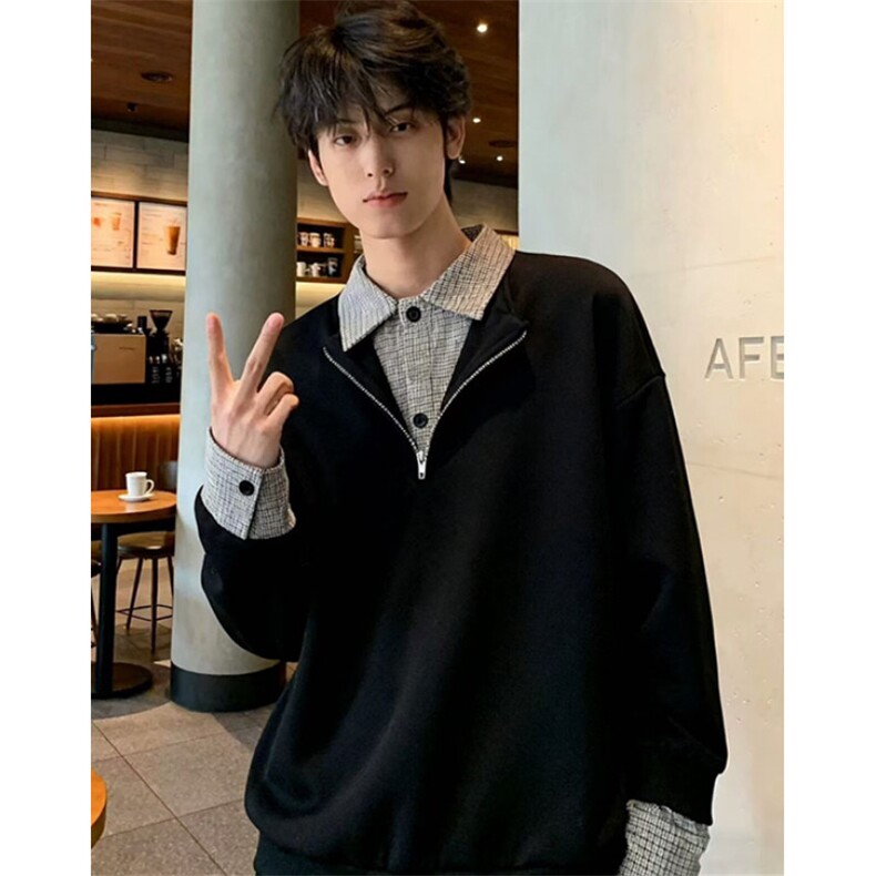 格子假两件polo翻领卫衣男款ins长袖打底衫套头上衣WV01,男装T恤,星座1116A（原606A-3）