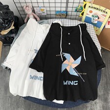 LD54112-P45 连帽短袖t恤男大码胖子带帽五分袖中袖图片