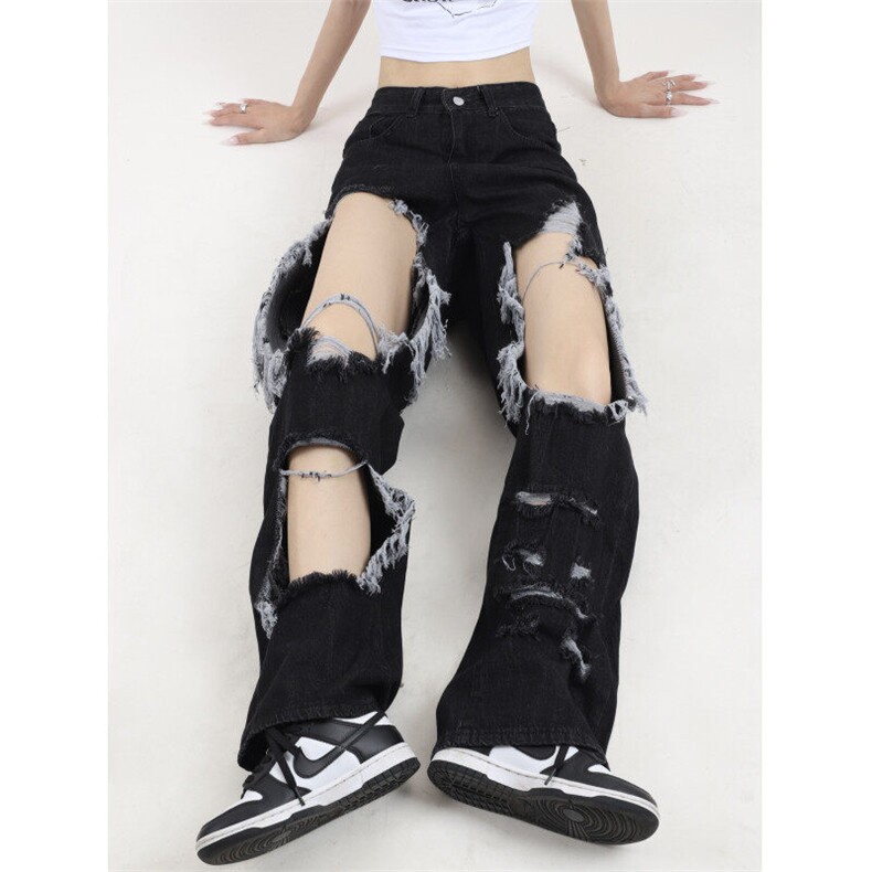 7880-P45优质版嘻哈设计感破洞牛仔裤女新款宽松直筒阔腿裤,女装牛仔裤,电商A306A