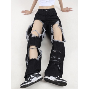 7880-P45 优质版嘻哈设计感破洞牛仔裤女新款宽松直筒阔腿裤图片