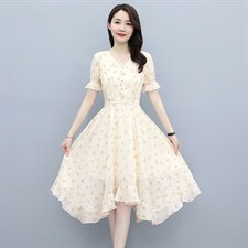 2021夏季新款时尚气质优雅V领不规则裙摆修身显瘦连衣裙，女装连衣裙，多彩