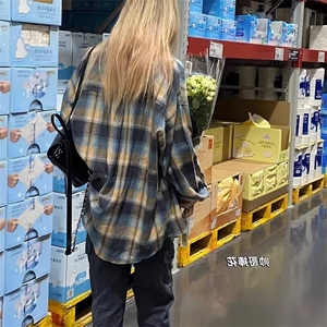 C257-P30春装新款撞色宽松显瘦格子衬衣女外搭洋气减龄外套衬衫
