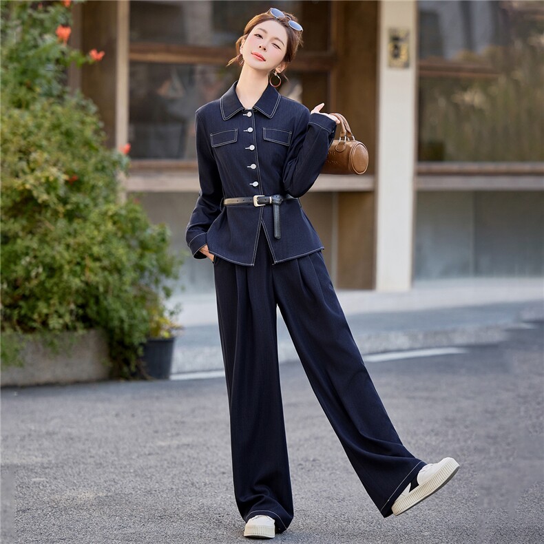 （新款现货）2026春装时尚收腰显瘦天丝牛仔阔腿腰带套装两件套,女装套装/套裙,印象茜