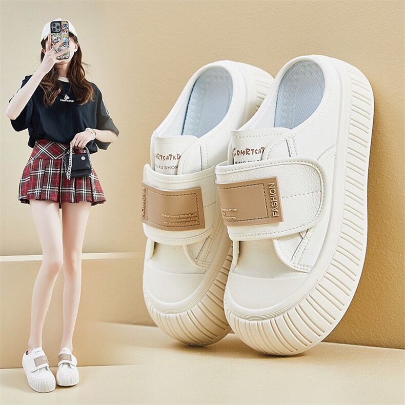 2024夏季新款半托小白鞋女透气学生板鞋休闲鞋厚底增高ins潮，女鞋拖鞋，星座1407-3