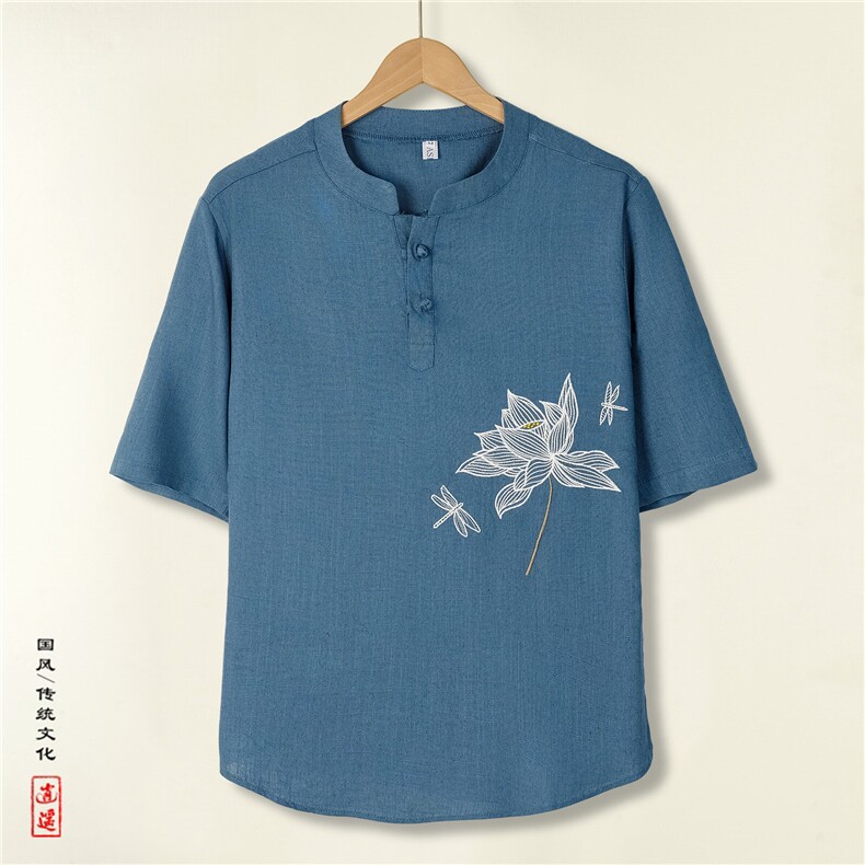 夏季原创现货T恤立领休闲亚麻风大码短袖垂感五分袖T512P55,男装T恤,电商A021A