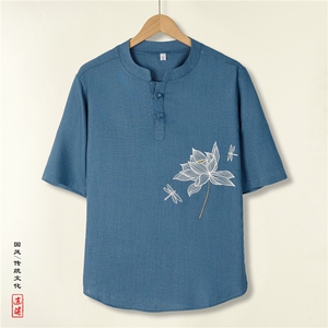 夏季原创现货T恤立领休闲亚麻风大码短袖垂感五分袖T512P55图片