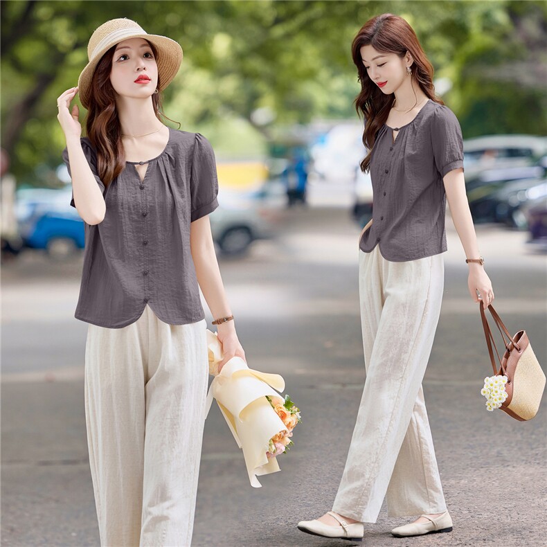 夏季时尚薄套装女2025新款宽松大码短袖衬衫上衣休闲阔腿裤两件套，女装套装/套裙，依万里