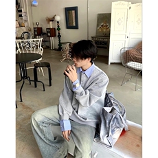 抖音得物高品质26春装美式高街假两件衬衫领长袖卫衣POLO领打底衫，男装T恤，电商A486