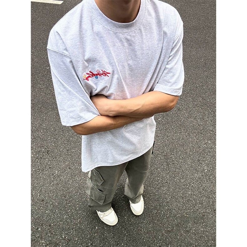 万针全刺绣工艺抖音得物高品质260克重磅纯棉双纱美式高街短袖T恤,男装T恤,电商A486