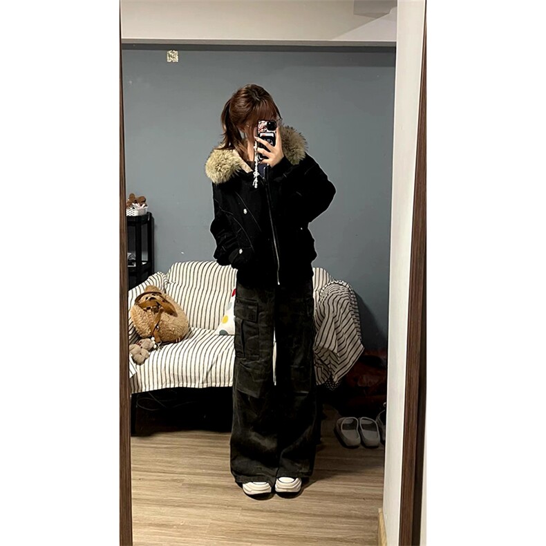 现货重磅boxy短款棉衣座山雕大毛毛领男女棉服水洗工装厚外套,男装棉衣,电商A486