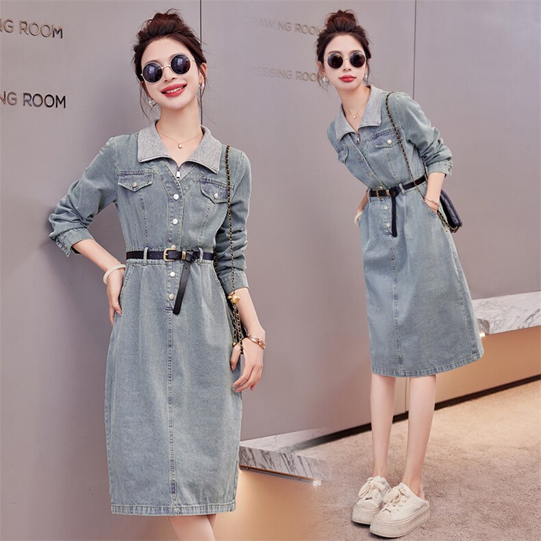 韩版假两件拼接牛仔连衣裙女2024春秋新款时尚气质收腰显瘦a字裙，女装连衣裙，慕依路