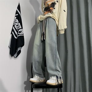 民族风编织带牛仔裤男秋季cityboy日系宽松直筒长裤N01355-P45图片