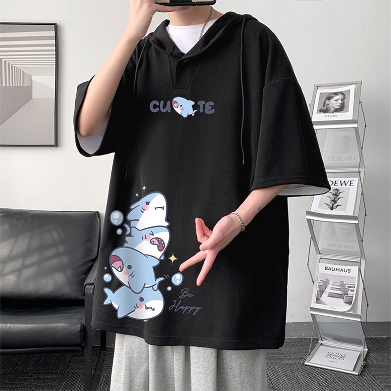 LD5432-P45连帽短袖t恤男大码胖子带帽五分袖中袖,男装T恤,电商A040