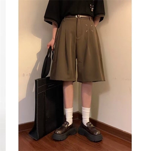 夏季潮牌日系复古简约纯色休闲西裤宽松阔腿短裤五分裤男女学院风图片