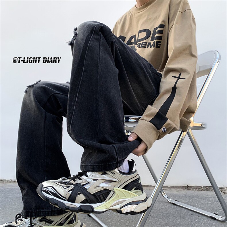 B221美式ins高街小众个性男女破洞牛仔裤LK23001-P65控88,男装牛仔裤,电商B221