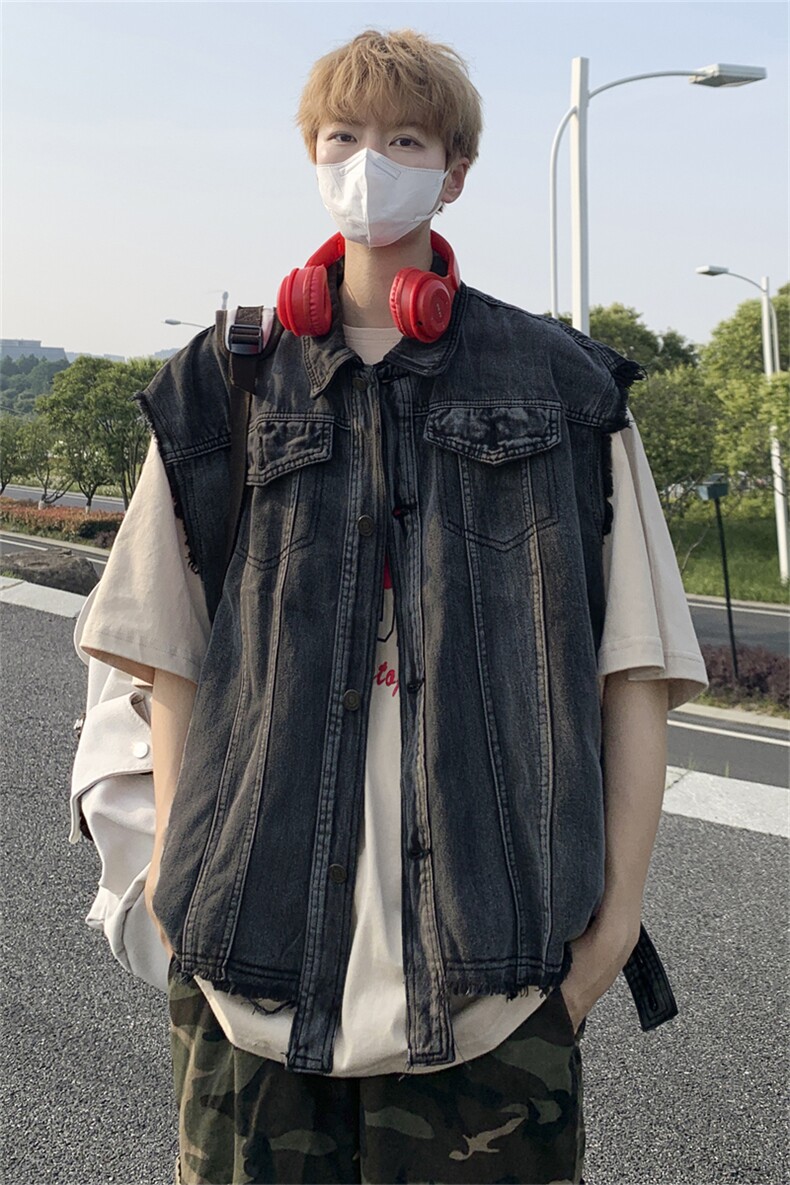 烟灰色牛仔背心马甲外套男女款秋季日系简约宽松工装复古马夹坎肩,男装背心/马甲,星座505-2（原电商A260-1)