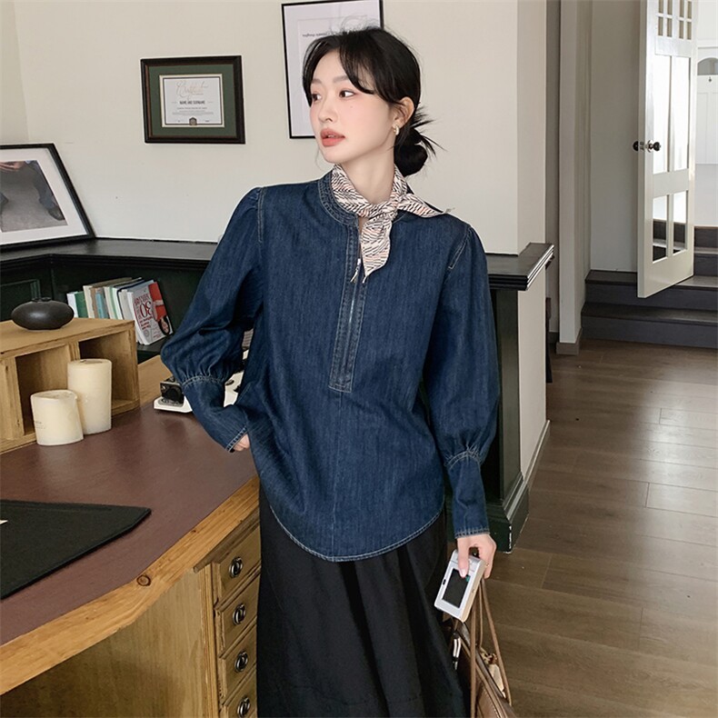 灯笼袖半拉链牛仔外套女春秋2025新款蓝色小个子减龄流行爆款上衣,女装短外套,2C261