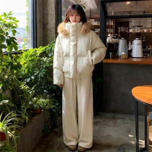现货三防重磅硬挺boxy短款羽绒棉衣座山雕大毛毛领PU皮棉服外套冬图片