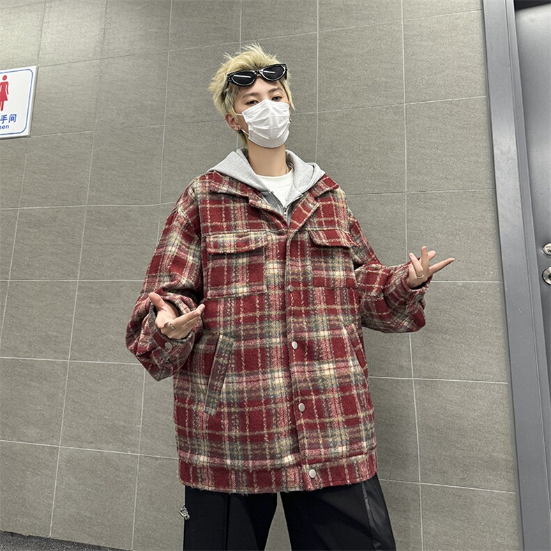 秋冬季新款假两件格子外套日系复古宽松休闲时尚连帽夹克,男装夹克,星座410-6（原星座1304-1）
