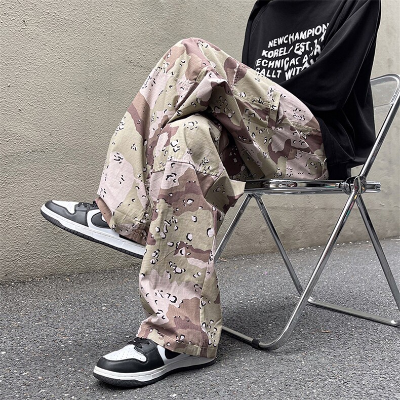 港风秋款男迷彩裤工装口袋纯棉拼接直筒宽松长裤h7140P55,男装休闲裤,星座1013-1
