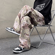 港风秋款男迷彩裤工装口袋纯棉拼接直筒宽松长裤h7140P55，男装休闲裤，星座1013-1
