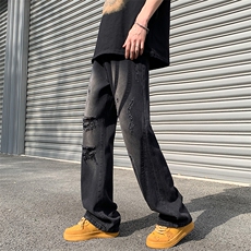 抖音品质美潮设计感高街破洞撞色洗水牛仔裤313A-1-NZ039-P65控78，男装牛仔裤，星座808A-1