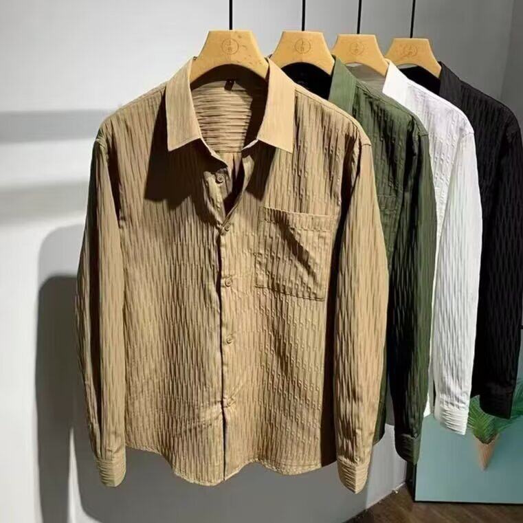 早秋轻奢高级感韩版痞帅衬衣褶皱设计百搭休闲纯色衬衫长袖外套,男装衬衫,电商B212（原钱塘6029）