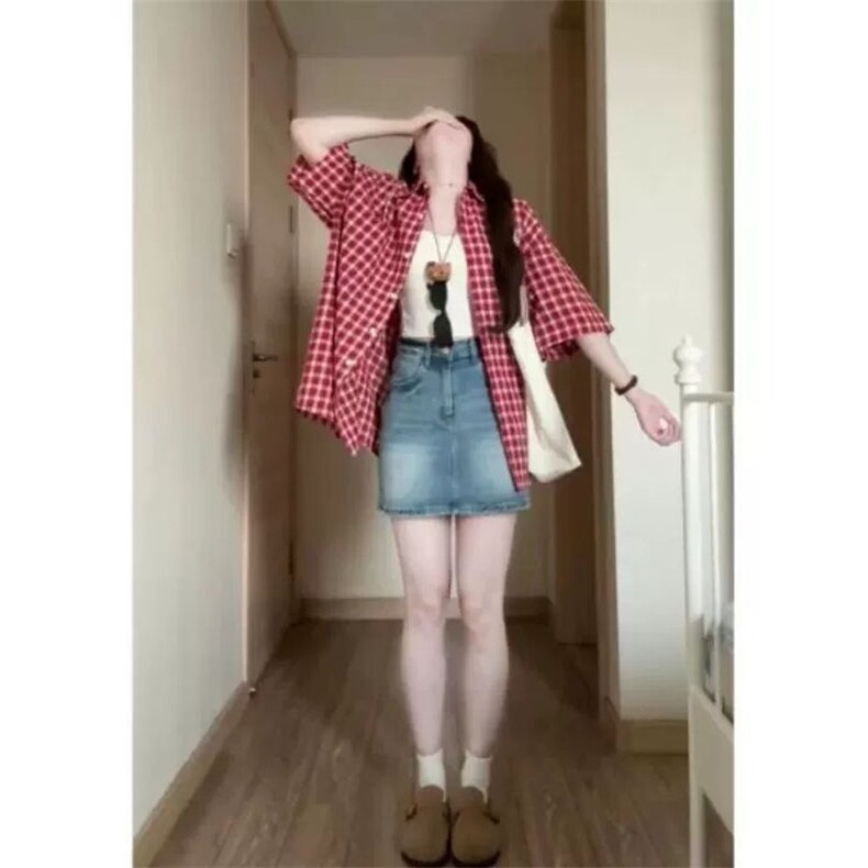 慵懒风红色格子夏日轻薄短袖衬衫女夏季2025新款复古休闲宽松衬衫,男装衬衫,星座1210-1