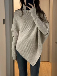 法式蝙蝠袖不规则针织衫女慵懒风早秋季韩系穿搭宽松套头毛衣上衣图片