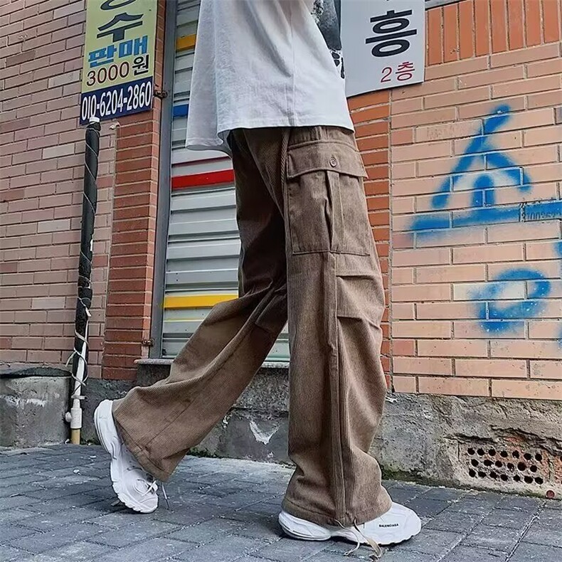 现货复古多阔腿黑色重磅灯芯绒裤子男款潮流宽松口袋长裤运动休闲,男装休闲裤,星座218-1（原230）