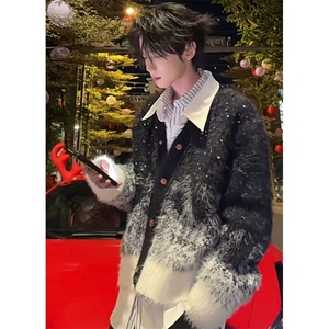 渐变撞色新年圣诞V领毛衣男秋冬季仿貂毛宽松镶钻针织衫 MY481图片