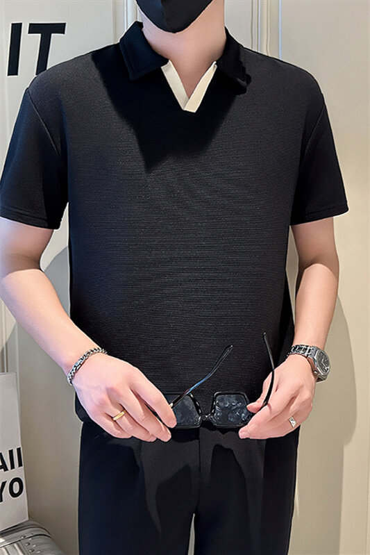 店主风社会小伙男士拼色V领POLO衫男休闲T恤301A-1/PL105/P48,男装T恤,星座301A-1