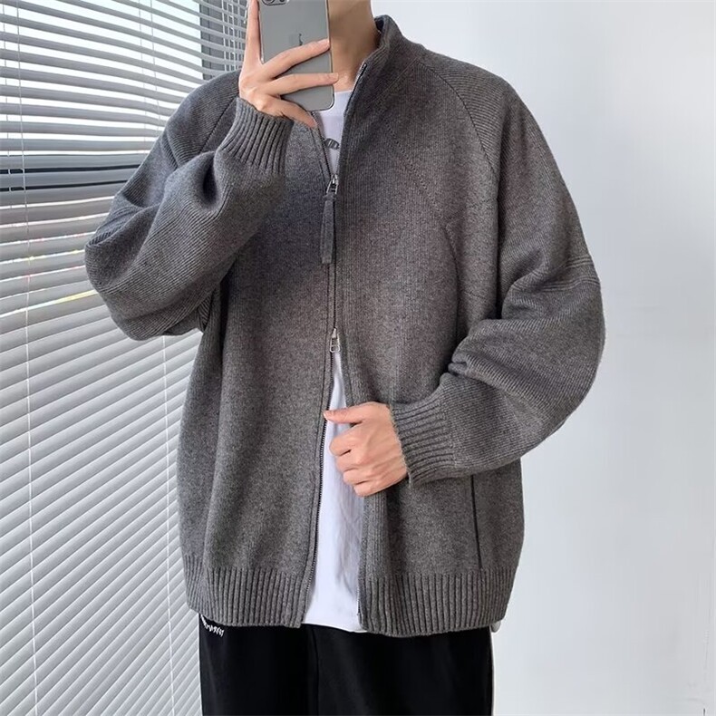 秋冬慵懒风简约百搭纯色重磅拉链休闲宽松毛衣美拉德针织立领开衫，男装针织衫/毛衣，星座601-1