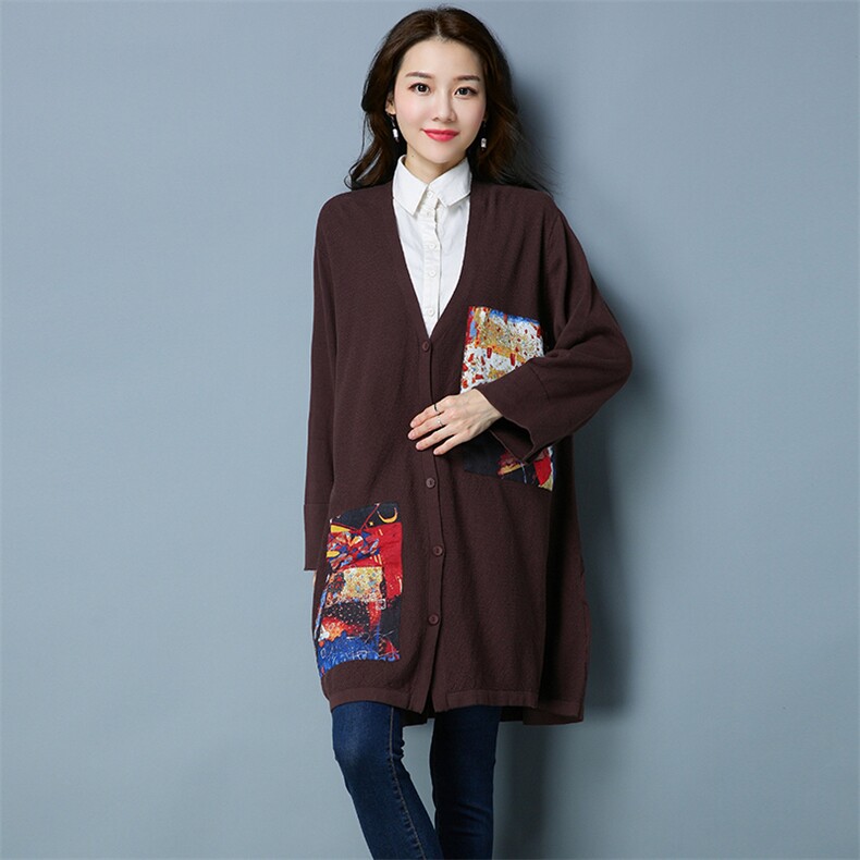 贴布口袋抽象图案宽松中长款开衫长袖2020年冬季件排扣V领，女装大码女装，独衣靓