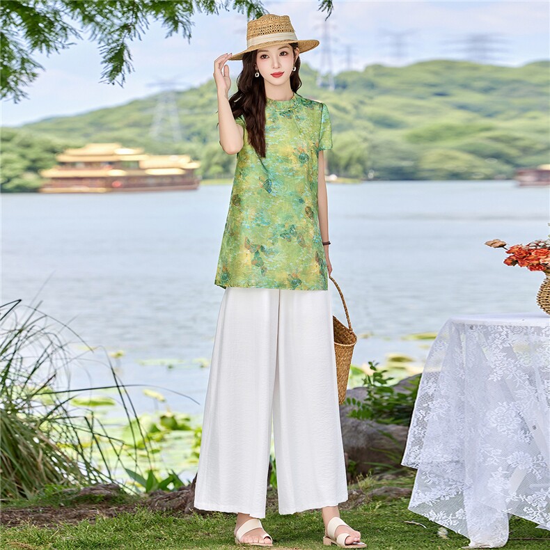 新中式印花盘扣上衣+阔腿裤两件套,女装套装/套裙,鑫鑫美
