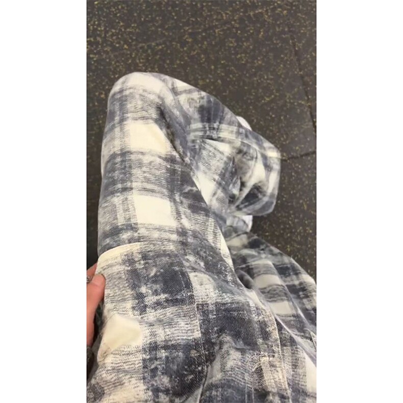灰白色格子牛仔裤男款秋季美式高街vibe裤子高个子加长直筒微喇裤,男装休闲裤,电商A063